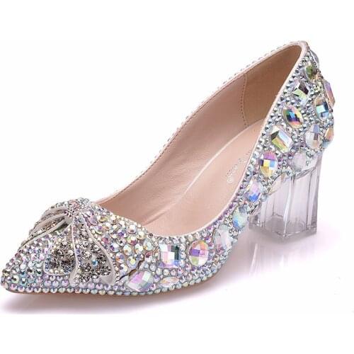 Fashion Sexy Wedding Shoes Female Rhinestone Crystal BOW Shoes Stiletto PointedBridal Shoes Bridesmaid High Heels Large size