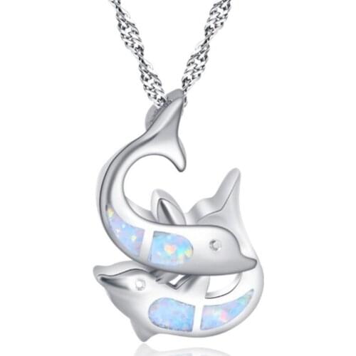 FYJS Unique Jewelry Silver Plated Lovely Dolphin 2 Colors Opalite Opal Pendant Link Chain Necklace