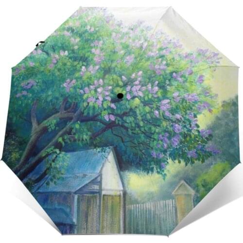 Wind Resistant Fully-Automatic Umbrella Lilac Tree Rain 3 Folding Parasol Travel Car Umbrella