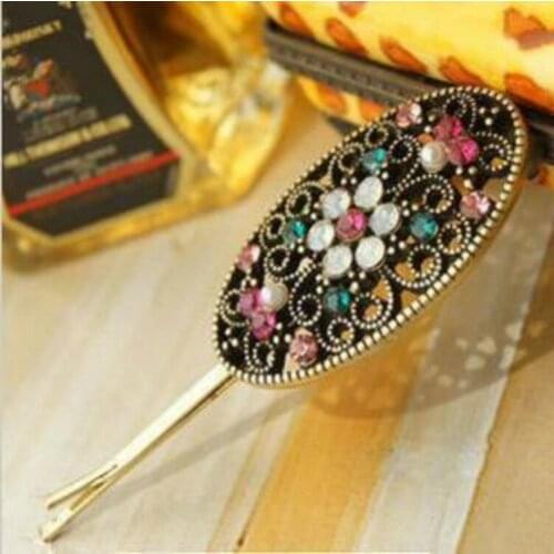 1pc Cheap European And American Jewelry Retro Color Imitation Diamonds Oval Hollow Flower Hairpin Side Clip Wholesale Free Shipp