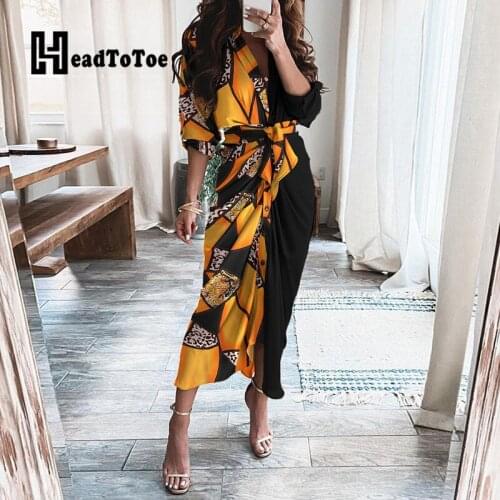 Cheetah Scarf Print Colorblock Slit Shirt Dress Women Casual Maxi Dress
