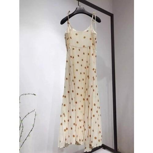 Ladies Stylish Polka Dots Printed Strap Midi Dress With Pleated Detail - Fall 2019 New Women Sleeveless Casual Dress