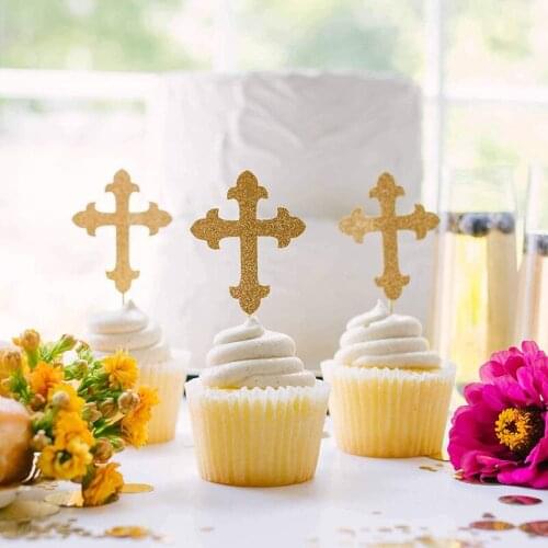 Gold Cross Cupcake Toppers for Baptism Communion or Confirmation Set of 24