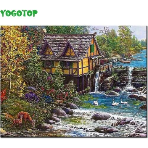 5D Diamond Painting Landscape Full square Round Diamond Embroidery village horse Waterfall Rhinestone Mosaic Needlework YY4766