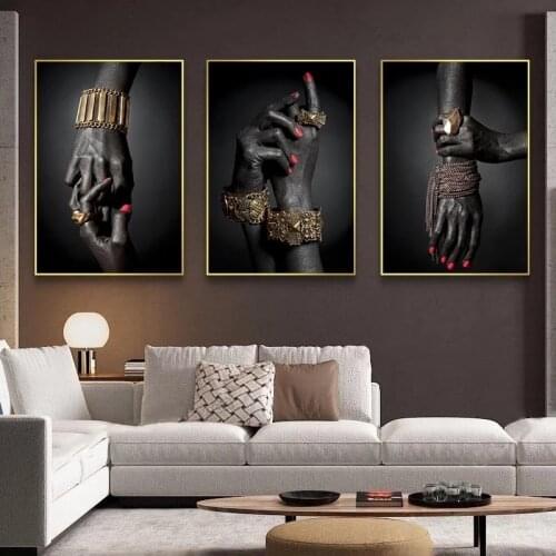 African Black and Gold Woman Hand Oil Painting on Canvas Posters and Prints Scandinavian Wall Art Picture for Living Room Decor