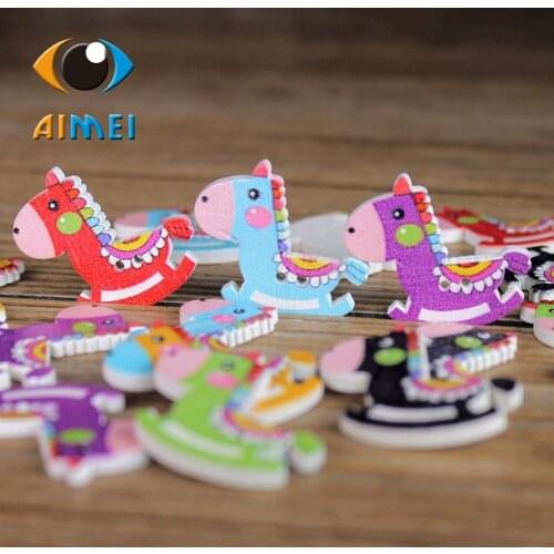 50pcs/lot Lovely Horse Shape Painting Wooden Buttons For DIY Gift Wood Decoration Sewing Accessories