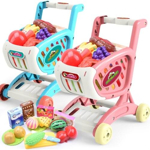 Childrens Simulation Supermarket Shopping Cart Baby Play House Boy Girl Fruit and Vegetable Cut Music Trolley Educational Toy