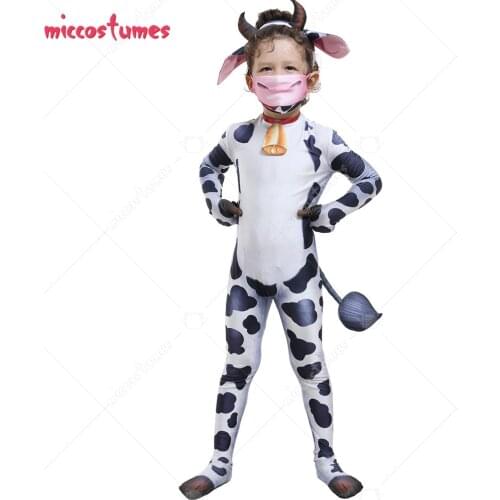 Homemade Kids Cute Cow Bodysuit Zoo Animal Zentai Suit Costume for Halloween Party with mask with Mask