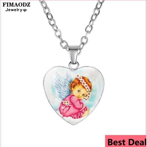 FIMAODZ Lovely Angel Baby Necklace Fairy Angel Wings Mom Kids Glass Heart Pendant Silver Chain for Girl Daughter Gift Jewelry
