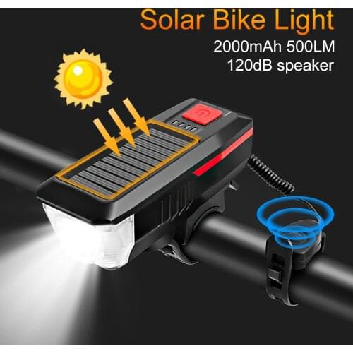 New USB Rechargeable LED Bicycle Headlight Solar Powered Bike Head Light Lamp + Safety Cycling Horn Electric Bicycle Bell Hot