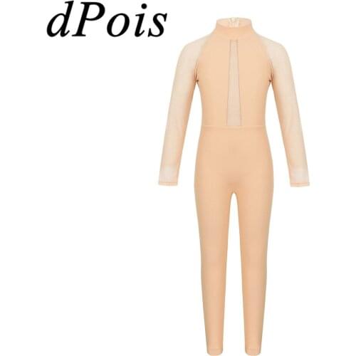 Kids Girls Mesh Ballet Dance Gymnastics Leotard Bodysuit Ballerina Long Sleeves Mock Neck Zipper Jumpsuit Unitard Gym Dancewear