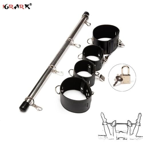 SM Spade Restraint Kit Leg Spreader Bar Set with Leather Cuffs Lock Sex Steel Spreader Bar Bdsm Restraints Bondage Set Gear