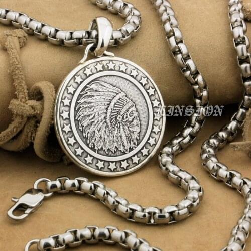 LINSION High Detail Deep Engraved 999 Pure Silver Indian Chief Skull Stars Round Mens Boys Biker Rock Punk Pendant 9X016