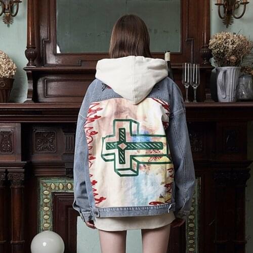 2021 Fashion The New Damage Graffiti Hip Hop Loose Denim Jacket Free Shipping