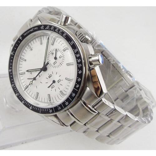 Nologo 40mm Mechanical Mens Watch Date/Week Indicator Arched Glass Polished Case Mental Strap