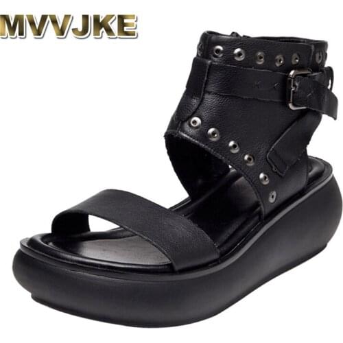 MVVJKE Summer Shoes Woman Cozy Wedges Sandals Genuine Leather Open Toes Platform Women sandals Rivet Gladiator sandals
