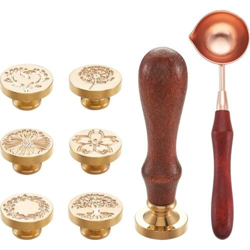Wax Seal Stamp Set with 6pcs Vintage Flower Brass Heads & 1pc Wooden Handle & 1pc Wax Melting Spoon for Invitation Cards Letters