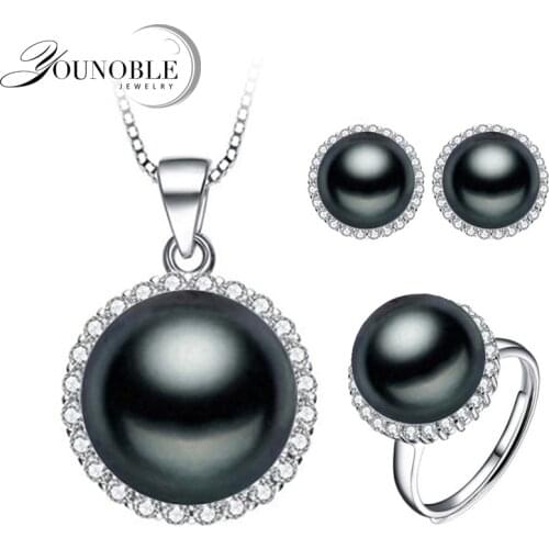 Beautiful Natural Real Pearl Set,Luxury 925 Silver Jewelry Sets Pearl Pendant Earring Ring Engagement Gift