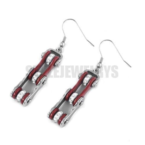 Wholesale Red Bicycle Chain Earrings With Bling Rhinestone Stainless Steel Jewelry Motor Biker Drop Earrings SJE370121L