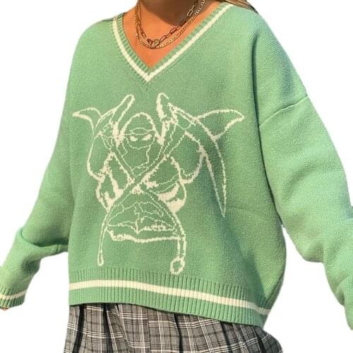 2021 Autumn Skull Reaper Preppy Style Sweater Jacquard V-neck Loose Casual Knitted Pullover Sweater Oversize Womens Jacket