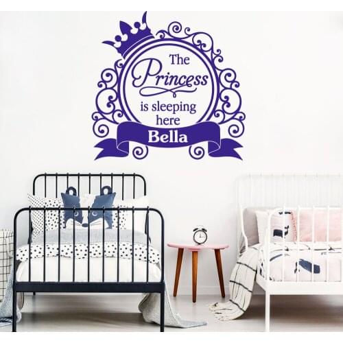 Cartoon Custom Name Princess Is Sleeping Here Wall Decal Girl Room Nursery Crown Princess Personalized Wall Sticker Bedroom