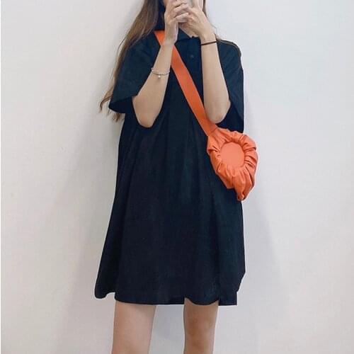 Retro Literature Art Half-open Button Placket Hit Color Striped Polo Collar Pleated Black T-shirt Dress