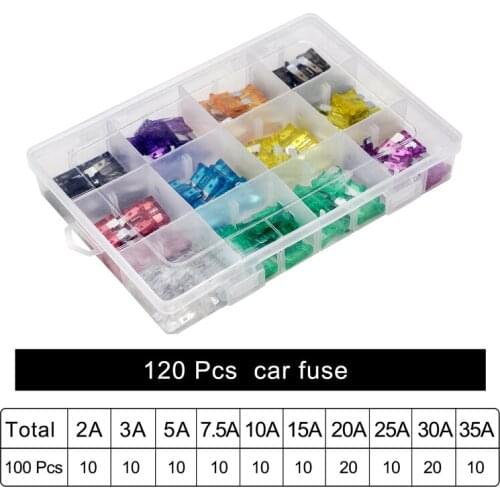 Fuse with Box Clip Profile Medium Size Blade Type 120pcs/Set Car Fuse Assortment Set Auto Car Truck 2/3/5/7.5/10/15/20/25/30/35A