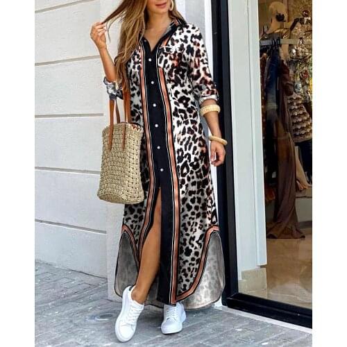 Print Women Long Sleeve Shirt Dress Autumn Printed OL Long Dresses Laides Turn-down Collar Loose Sundress Party Dresses T0539