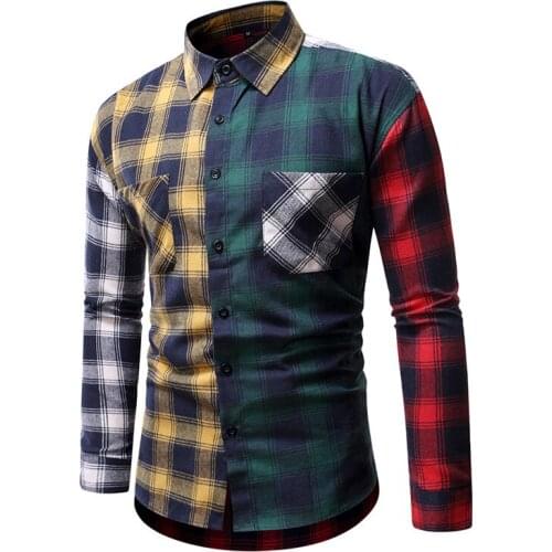 Harajuku Fashion Korean Version of The Trend of Color Matching Plaid Shirt Mens Casual Hip Hop Loose Long-sleeved Shirt 5XL