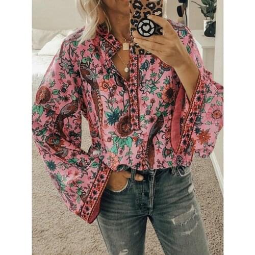 Spring Autumn New Chic Peacock Print Shirt Womens Fashion Blouses V-Neck Long Sleeve Tops Casual Loose Ladies Blouse Clothing