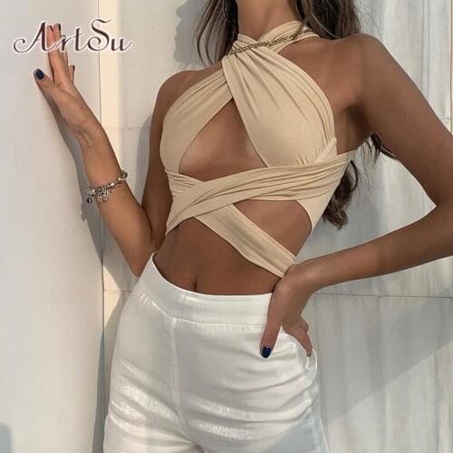 ArtSu Sexy Halter Bandage Cut-Out Crop Tops Women Fashion Sleeveless Backless Khaki Top Female Party Clubwear Streetwear VE52428