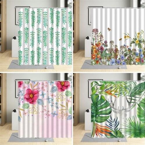 Tropical Leaf Shower Curtain Flowers Green Leaves Monstera Bathroom Decor Watercolor Pink Floral Curtains With Hooks Waterproof
