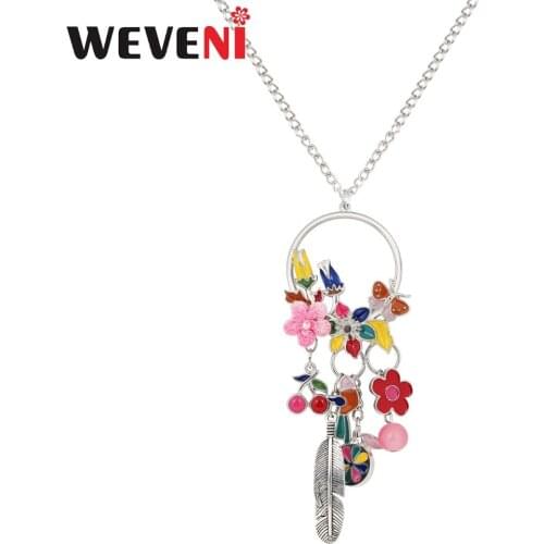 WEVENI Enamel Alloy Floral Flower Bird Fruits Circle Necklace Pendant Natural Plant Jewelry For Women Girl Ladies Accessory Gift