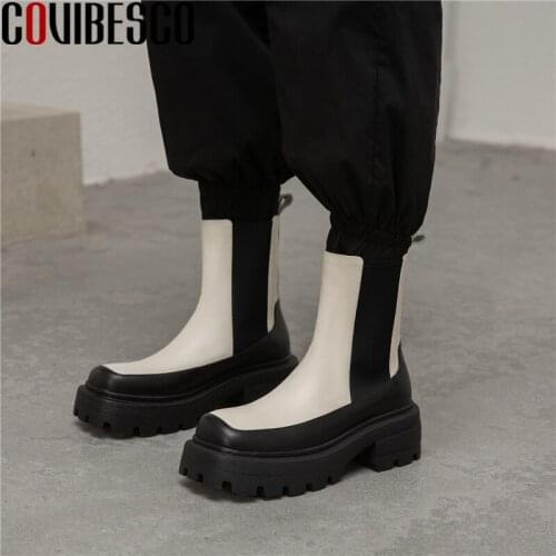 COVIBESCO Autumn Winter Women Ankle Boots Platforms High Heels Shoes Woman Concise Casual New Square Toe Genuine Leather Boots