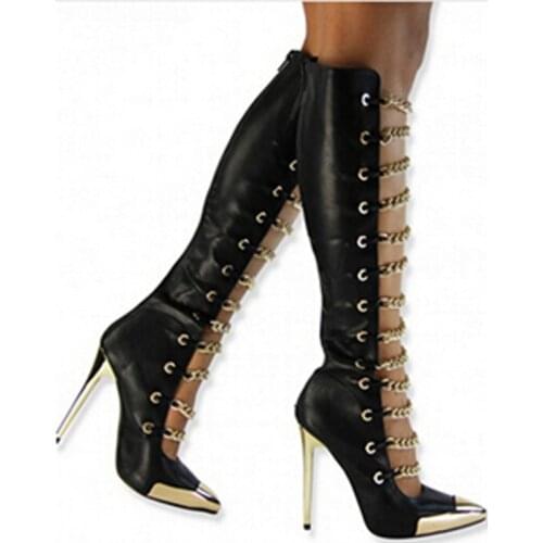 Women Fashion Pointed Gold Metal Toe Knee High Boots Chain Design Stiletto Heel Gladiator Boots High Heel Boots Dress Shoes