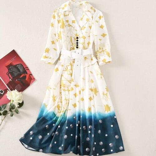 Newe 2021 Autumn Dress High Quality Women Notched Collar Runway Print Belt Deco Half Sleeve Mid-Calf Length Casual Work Dress