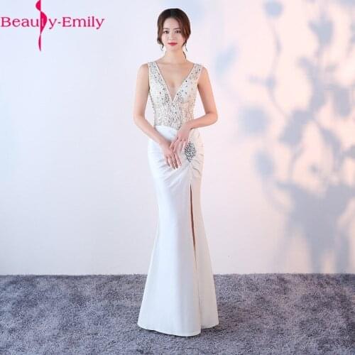 Beauty Emily Sexy V Neck Pearls Mermaid Evening Dress Long Charming Beaded Champagne Formal Dress with High Side Split