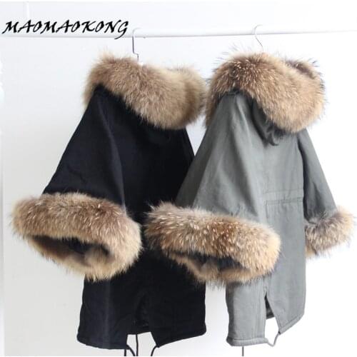 Women Winter Coat Jacket Raccoon Large Fur Collar Army Green Casual Overcoat Flare Sleeve Cloak Cotton-padded Outerwear