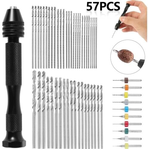 57 Pcs Mini Micro Aluminum Hand Drill Twist Drill Bit Set with Keyless Chuck Hand Manual Drill Woodworking Drilling Rotary Tools