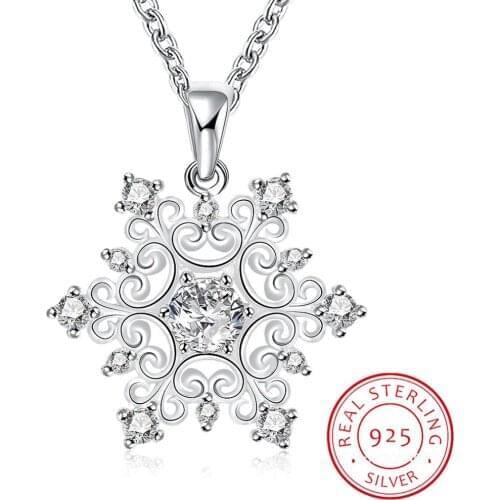 925 Sterling Silver Rhinestone Snowflake Pendants&Necklaces Pure Sterling Silver 925 Choker Chain Necklace Fine Wedding Jewelry