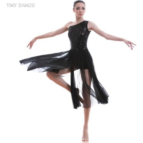 One Shoulder Black Sequin Lace Bodice with Long Black Mesh Dress Ballet & Lyrical & Contemporary Dancing Dress Show Costume17313