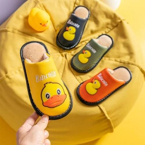 Childrens winter slippers ducklings fur shoes for home use PU leather