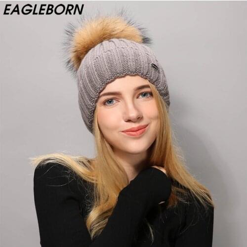 [EB] New Beanies Raccoon fur pom poms ball Keep warm winter hat for women girl 's wool hat knitted beanies cap thick female cap
