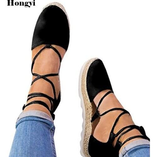 Classic Espadrilles Women Summer Women Flats Ankle Wrap Lace Up Hemp Bottom Shoes Woman Fur Balls Canvas Flat Shoes Plus 44