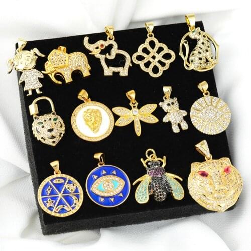 Juya Handmade Gold Girl Elephant Flower Panther Lion Tiger Bear Dragonfly Bee Greek Evil Eye Charms For Pendant Jewelry Making