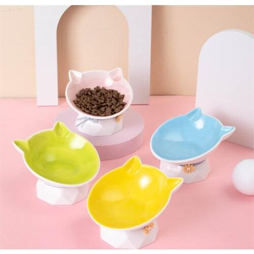 Cat Ear Ceramic Cat Bowl Dog Bowl Pet Food and Water Bowls Feeder with Raised Stand Cervical Protect Food Water Cat Bowl