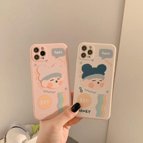 Korean Macaron pink baby bear couple Phone Case For iPhone 12 mini 11 Pro Max case Cute cover for iPhone XS MAX XR 7 8 Plus Case