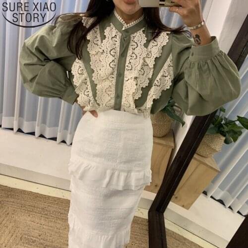Korean Chic Lace Tops Shirts and Blouses Sweet Stand Collar Fashion Autumn Temperament Blouse Women Lantern Sleeve Shirt 12797