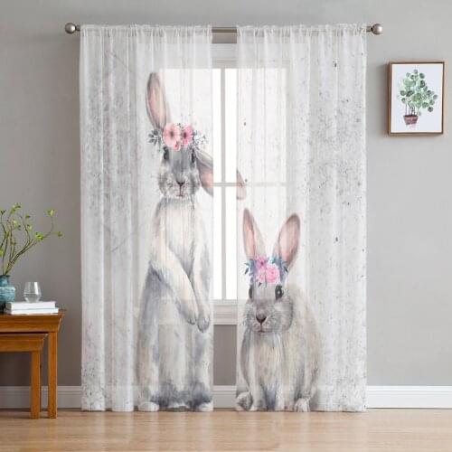 Cute Rabbit Watercolor Flower Animal Curtains For Living Room Bedroom Transparent Tulle Curtains Window Drapes Sheer Curtain
