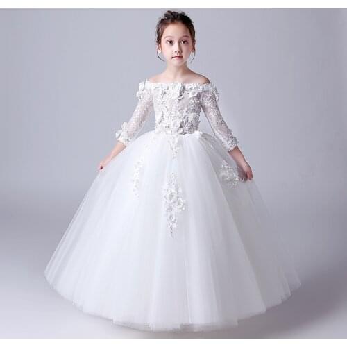 Fashion White Red Long Flower Girls Dress Off The Shoulder Flowers Little Girls Pageant Party Little Dresses Plus Size